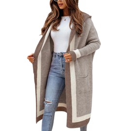 chouyatou Women's Color Block Vertical Striped Open Front Oversized Hooded Long Cardigan Sweaters with Pockets (XX-Large, Apricot Khaki)