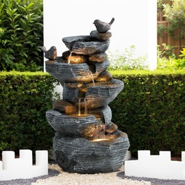 LETATA Outdoor Cascading Bird Water Fountain, 5-Tier Floor Natural Looking Rock Fountains with LED Pump Birds Decor, Freestanding Resin Fountain and Cascading Water Feature for Patio Garden, Grey