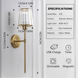 FTL Battery Operated Crystal Wall Sconces Set of 2 - Gold Rechargeable Wall Lamp with Remote, USB Cordless Wall Lighting with Battery Powered RGB Bulb, Dimmable Sconce Wall Decor for Bedroom Hallway