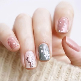 Christmas Press on Nails Long Coffin Xmas Deer Fake Nails, White Snowflake Acrylic Nails, Green Pink Glossy False Nails Kits Winter Stick Glue on Nails Tip 24 Pcs