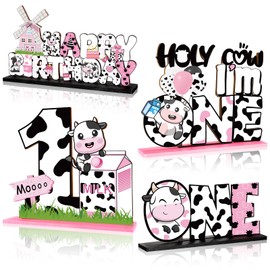 Holy Cow I'm One Birthday Decorations for Girls, 4Pcs Cow First Birthday Table Centerpieces Decorations Pink Cow Wooden Table Toppers Sign for Baby Girl 1st Birthday Baby Shower Party Supplies