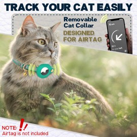Leather AirTag Cat Collar Non Breakaway, Reflective GPS Cat Collar Adjustable with Bell and Elastic Strap for Kittens, Lightweight Cat Airtag Collar for Cats, Puppies (Teal)