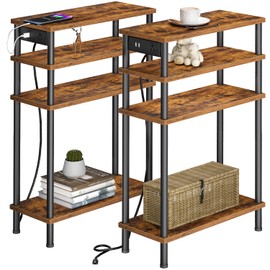 Narrow Side Table with Charging Station, 4 Tier Small End Tables Set of 2 with USB Ports and Outlets , Slim Nightstands for Small Spaces, Skinny Bedside Table for Living Room, Bedroom, Rustic Brown