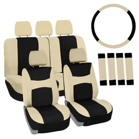 FH Group Universal Car Seat Covers Full Set for SUV Truck Sedan Vans | Waterproof All-Purpose Cloth Seat Cover Set Airbag Compatible Washable Split Bench Protector Interior Upgrade - Beige