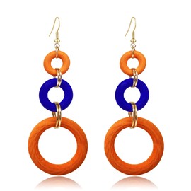 KaFu Bohemian Wood Earrings for Women Vintage Natural Geometric Hollow Hoop Wooden Dangle Earrings Lightweight African Statement Earrings Jewelry (orange+blue)