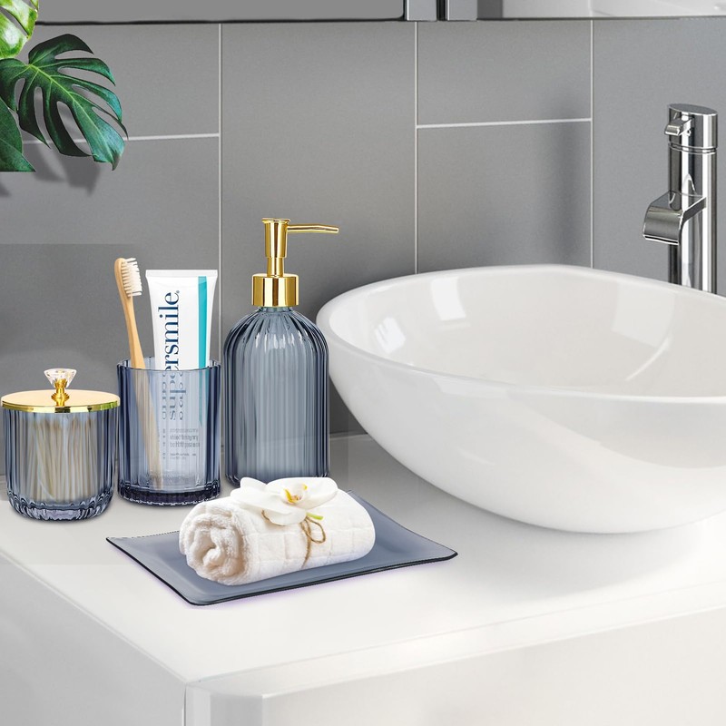 Haturi Bathroom Accessories Set, 4 Pcs Blue Glass Bathroom Accessories