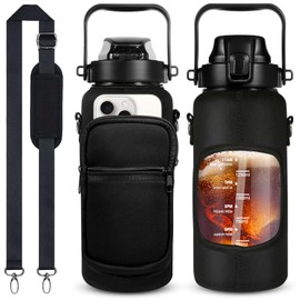 Dolenor Water Bottle with Sleeve 64oz for Sports,Gym Outdoor and Travel, Motivational Water Bottle with Time Marker,Black