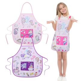 ROSEMO 2 Pack Kids Aprons for Cooking, 6-12 Years Children's Aprons, Cartoon Unicorn Kitchen Chef Aprons with 2 Pockets for Baking Cooking Crafts Painting Artist, Girls Birthday Gifts