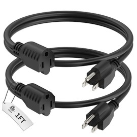 PLUGTUL 1 Foot Extension Cord Black, 2-Pack Short Power Cord, Indoor/Outdoor 16 Gauge 3 Prong Grounded Wire ETL Listed, 13A 1625W 125V SJTW