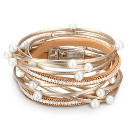 Fesciory Leather Wrap Bracelets for Women, Boho Leopard Multi-Layer Crystal Beads Cuff Bracelet Jewelry (Gold Pearl)