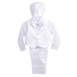 Dressy Daisy Baby Boy Satin Baptism Clothes Christening Outfit with Bonnet 5 Pieces Set Formal White Suit Size 18-24 Months Style D