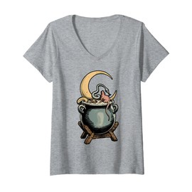 Womens Witchcraft Aesthetic Vintage Witch Cauldron Crescent Moon V-Neck T-Shirt