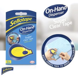 Sellotape On-Hand Dispenser with Super Clear Tape, Both hands free for crafting and wrapping, Includes Refillable Dispenser & Extra Sticky Clear Tape (18mm x 15m)