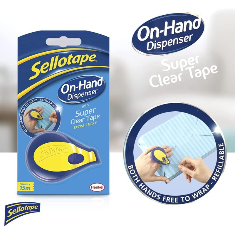 Sellotape On-Hand Dispenser with Super Clear Tape, Both hands free
