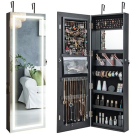 CHARMAID LED Mirror Jewelry Cabinet, 47.2'' Jewelry Armoire with Adjustable Lighted Full Length Mirror, Wall Mounted or Door Hanging, Lockable Jewelry Organizer Storage (Black, 47.2''H)