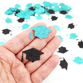 Vofrise 200PC Black Teal Grad Cap Graduation Confetti for Table Glitter Graduation Hat Table Scatter for Class of 2025 Grad Party Decorations