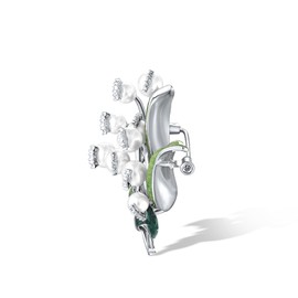 Santuzza Convallaria Brooch 925 Sterling Silver Crystal Pearl Cubic Zirconia Enamel White Flower Brooch Pin for Women
