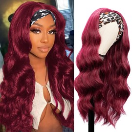 Colorful Queen 99j Burgundy Headband Wig Glueless Long Wavy Headband Wigs for Women Put On and Go Wine Red Colored Body Wave Wigs 26 Inch