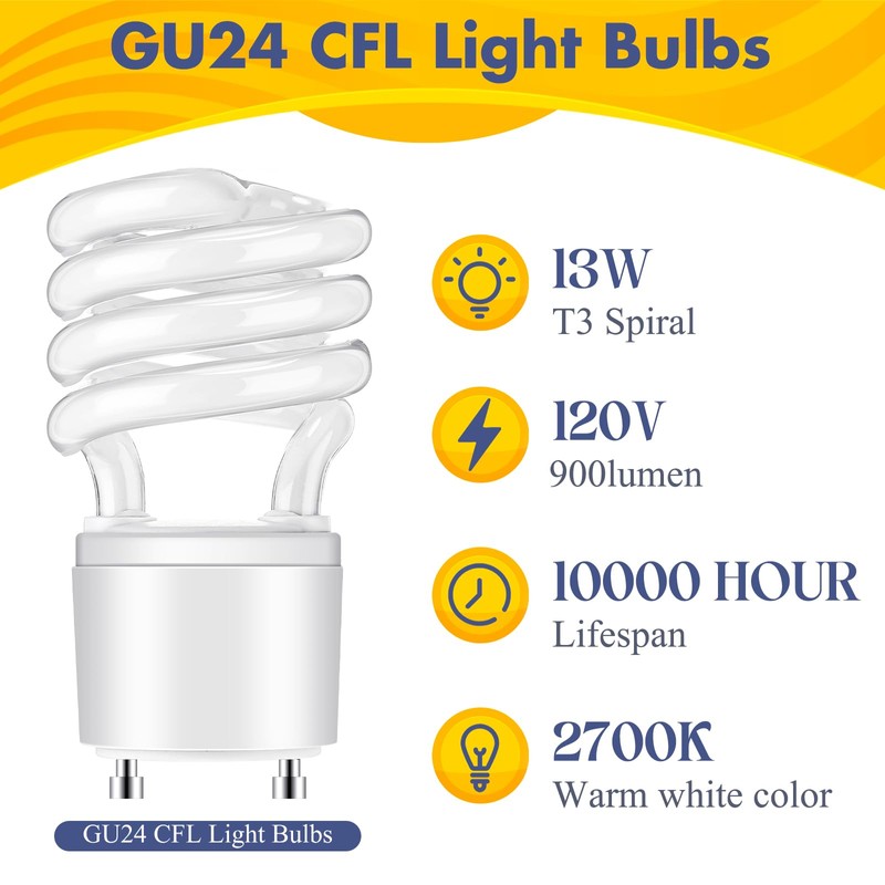 Honoson 4 Pack GU24 CFL Light Bulbs 13W T3 Spiral