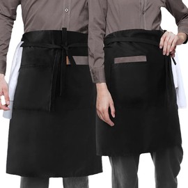 Hrlace Pack of 2 Black Apron Pre-Tie Apron Waterproof Half Apron Waist Apron for Men Women Waiter Apron Cooking Apron for Restaurant Home Bar Cafe Kitchen Baking, 2 pockets, One size fits all