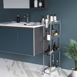 VECELO Acrylic 4-Tier Rolling Storage Cart,Multifunction Slim Utility Clear Cart Kitchen Storage Organizer,Mobile Cart with Lockable Wheels Hooks&Bucket for Home Office,Clear