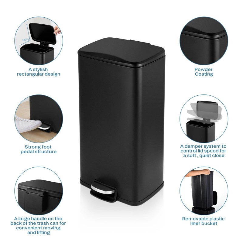 MEGACASA 8 Gal./30 Liter Rectangular Matt Black step-on Trash Can
