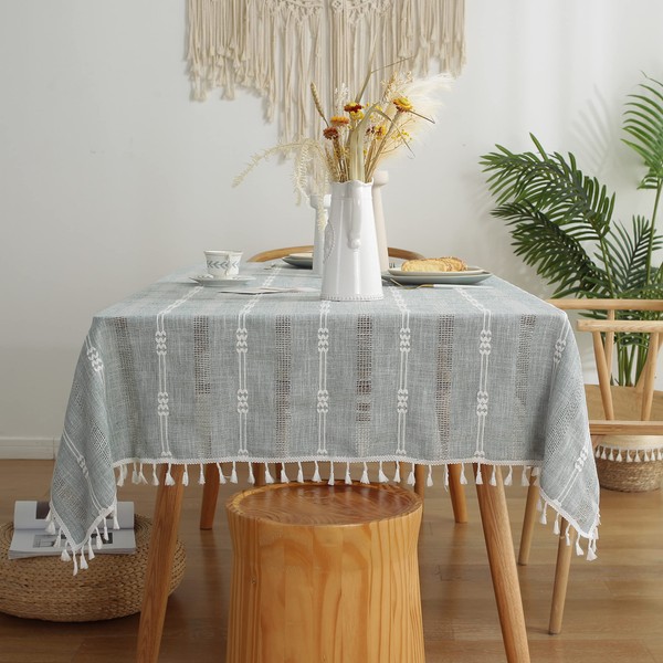 Gernaice Rustic Stripe Embroidered Tablecloth Heavy Rectangle Tassel Cotton Linen