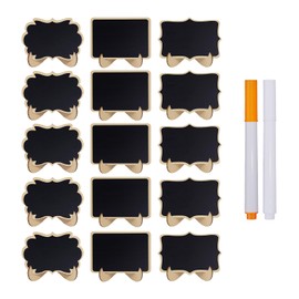 LNAUJS 15 Pcs Mini Wooden Chalkboards Signs for Wedding and Food, Messages Signs, 3 Shapes Kinds of Board with 2 Chalk Markers