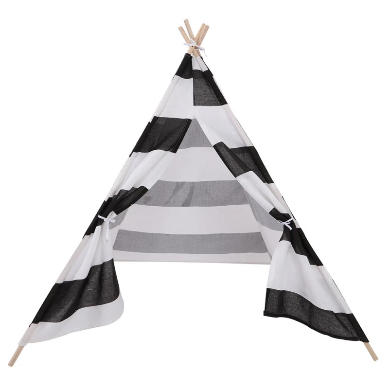 nic-473109 White Black Striped Kid Teepee Portable Canvas Tent Foldable