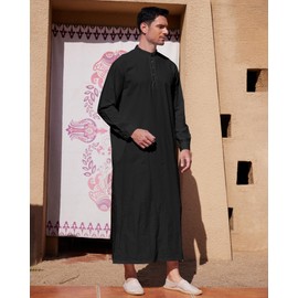 YAOHUOLE Islamic Thobe for Men Button down Mens Caftans Loungewear Black M