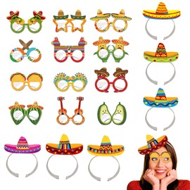 Eowppue 16 pcs Mexican Party Decorations - Vibrant Party Hats & Glasses, Party Glasses Mask, Mexican Theme Decorations Dia De Muertos and Party Favors
