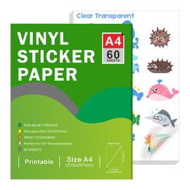 High Quality Printable Clear Vinyl Sticker Paper for Inkjet Printers - A4 Size Transparent Glossy Waterproof Sticker Fast Dry Vibrant Colours (60 Sheets)