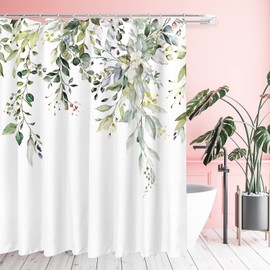 Tititex Green Eucalyptus Shower Curtain Sets, Watercolor Leaves on The Top Plant with Floral Bathroom Decoration 72x84 Inch with Hooks