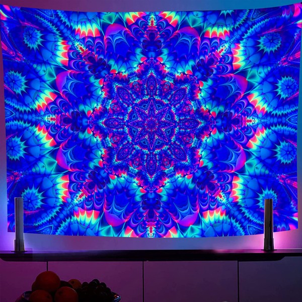OSVINO Blacklight Mandala Tapestry 230x180CM Psychedelic Boho Tapestry Colorful Backdrop Bohemian Room Decor UV Reactive Hippie Wall Posters for Bedroom, Mandala