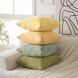 Volcanics Set of 4 Yellow Green Corduroy Decorative Couch Throw Pillow Covers 20x20 Inch, Western Modern Farmhouse Striped Cushion Cases, Soft Boho Square Accent Pillow Covers for Home Sofa