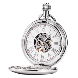 TREEWETO Unisex Pocket Watch with Chain Analogue Hand Winding Antique Skeleton Roman Numerals Silver, Silver058, Classic