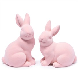 Hodao Set of 2 Flocked Easter Bunny Figurines – 5.5-Inch Blue Resin Rabbits with Soft Velvet Texture, Spring Décor & Easter Decorations for Home and Gifts (Pink Set of 2)