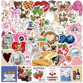 50-Piece Cute Watercolor Vintage Y2K Pink Aesthetic Stickers – Kawaii Retro Floral, Animals, Food Decals for Scrapbooking, Journaling, Laptops, Water Bottles