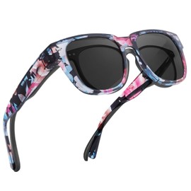 Myiaur Polarised Women's Sunglasses for Glasses Wearers UV400 with UV Protection TR90 Frame Lightweight, a04 floral frame gray lens