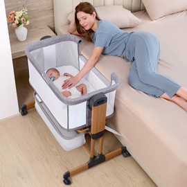 Ezebaby 3-in-1 Baby Bassinet, Rocking Baby Bassinets Bedside Sleeper, Adjustable Portable Crib for Newborn Infant with Wheels Storage Basket and Mesh Sides