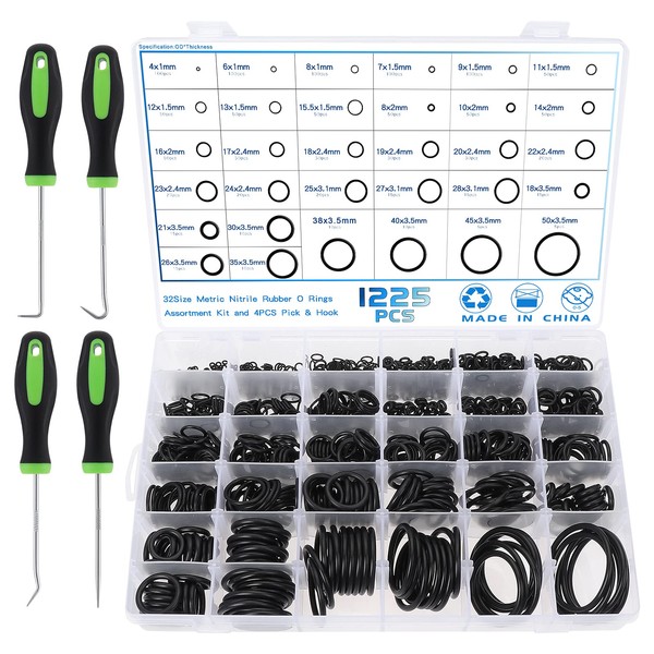 Gueenky 1225 Pcs O Rings Rubber Assorted, 4-50mm Ring Washer Set 32 Sizes Seal Plumbing Washer Set with Pick and Hook, O Ring Gasket Kit for Mixer Taps and Plumbing