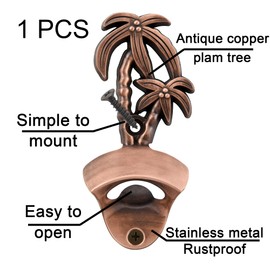 Jumiok Antique Copper Wall Mounted Bottle Opener Stainless Palm Tree Beer Soda Cap Opener Cooler Mountable for Beach Theme Party