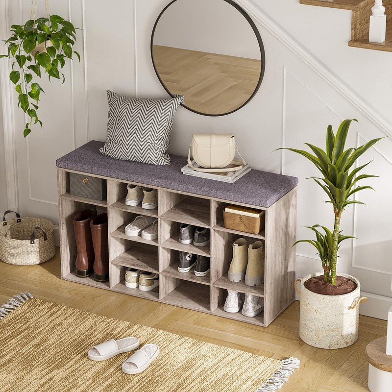 DINZI LVJ Shoe Storage Bench with Cushion, 16-Cubby Shoe Rack,