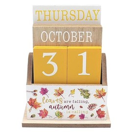 Wooden Calendar Block Perpetual Desk Office Weight Autumn Fall Theme Leaf Nature