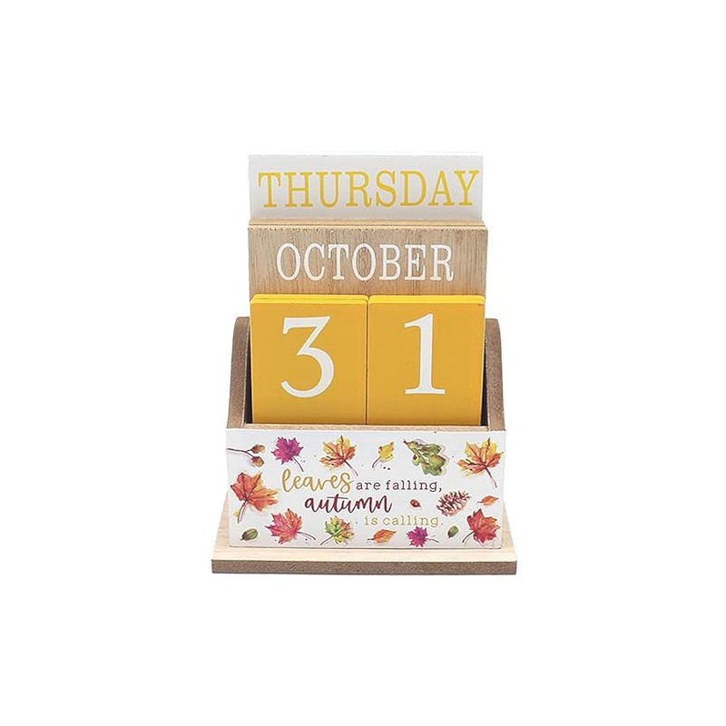 Wooden Calendar Block Perpetual Desk Office Weight Autumn Fall Theme