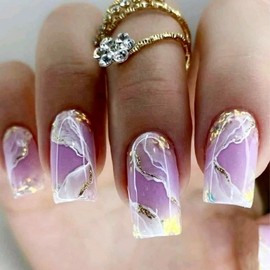 Press on Nails Medium Square Coffin Pink Waves French Tip Fake Nails Short with Designs Full Cover False Nails Square French Tip Glue on Nails Cute Short Square Acrylic Thick Stick on Nails for Women Nails Art 24Pcs BKS2339