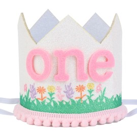 CORNER LACE Wildflower 1st Birthday Hat - Glitter Crown, Wild Flower First Birthday Decoration for Baby Girls Pink, One Year Old Floral Theme Party Supplies Favors
