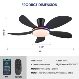 PHORUS 48" RGB Ceiling Fans with Lights and Remote/APP,Black Low Profile Ceiling Fans with Quiet Reversible DC Motor,Modern Flush Mount Fans Light for Bedroom Kids Room