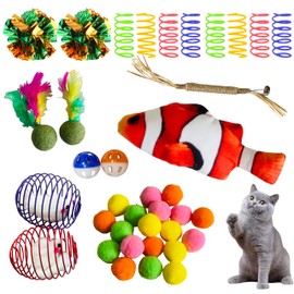 Runske 38Pcs Cat Toys Set,Plastic Springs,Catnip Fish,Plush Balls,Bell Balls,Mice cage Balls,Crinkle Balls,Catnip Balls,Silvervine and Mice Cat Toys,Bite,Hunt,Indoor Cat Toys