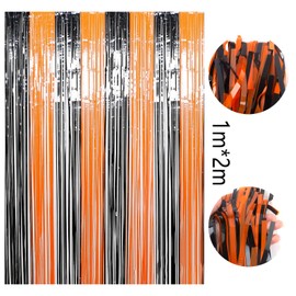 SSKHE Halloween Party Decorations, Photo Booth Props Party Backdrop, 3PCS Halloween Orange Black Foil Fringe Curtains, Curtain Streamers, Party Backdrop for Halloween Party Decorations